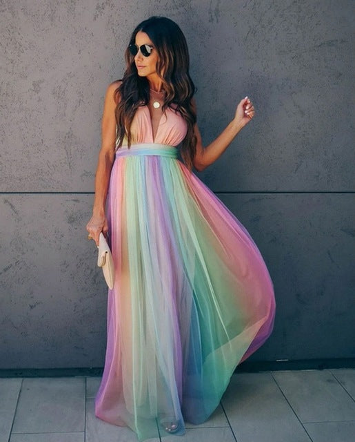 Regenbogen Spaghetti-Träger Damen Kleid | Mehrfarbig 0