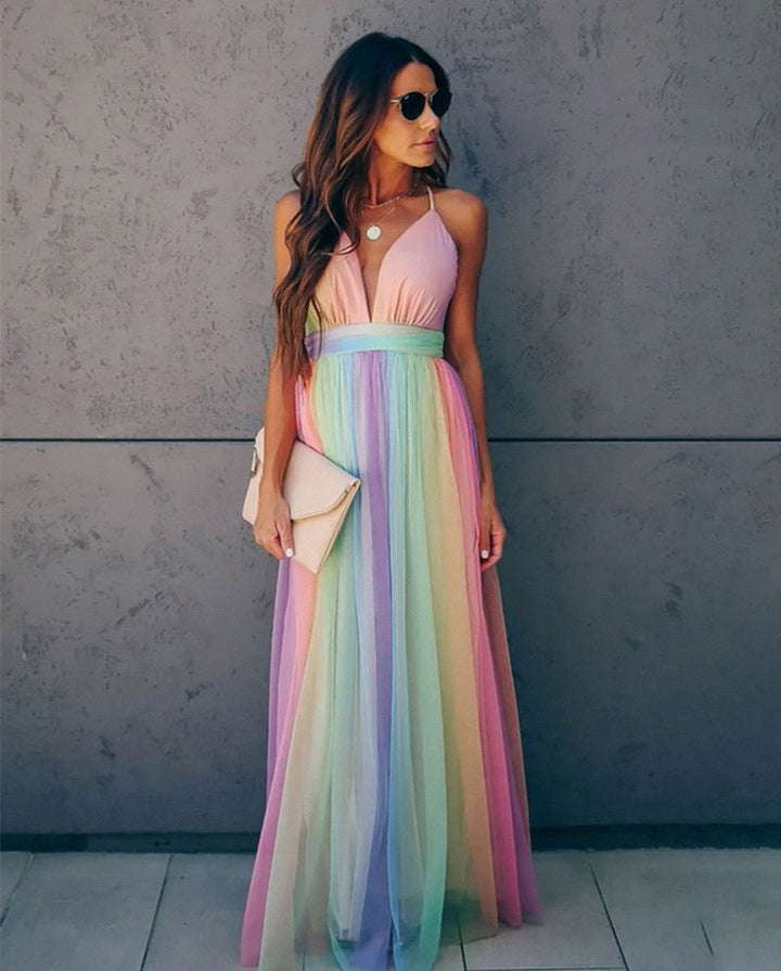 Regenbogen Spaghetti-Träger Damen Kleid | Mehrfarbig 1