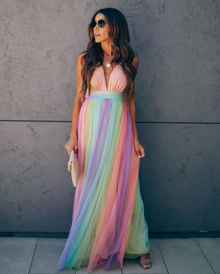 Regenbogen Spaghetti-Träger Damen Kleid | Mehrfarbig 3