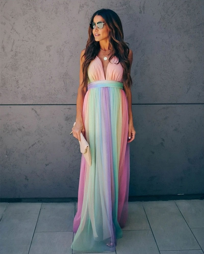 Regenbogen Spaghetti-Träger Damen Kleid | Mehrfarbig 4