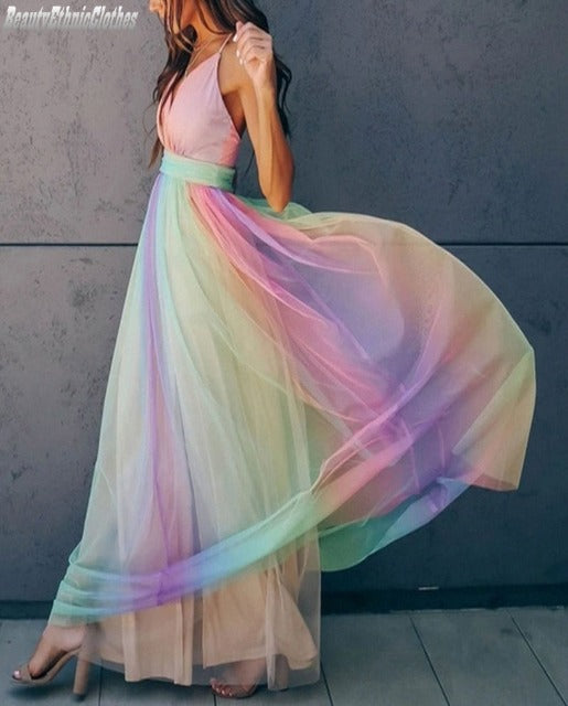 Regenbogen Spaghetti-Träger Damen Kleid | Mehrfarbig 5