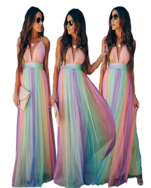 Regenbogen Spaghetti-Träger Damen Kleid | Mehrfarbig 6