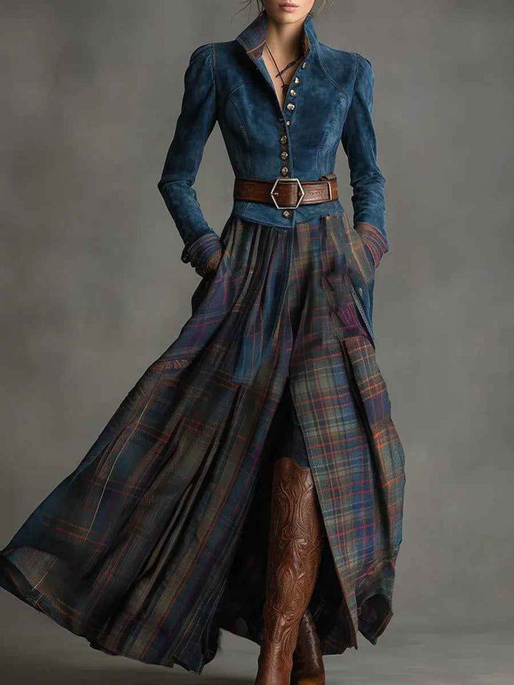 Vintage Ethnische Maxi-Kleid aus blauem Kunstleder mit Karomuster und Gürtel