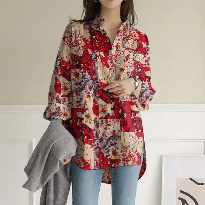 Damen Bunt Bedrucktes Hemd – Lockeres Langshirt Lässiges Top