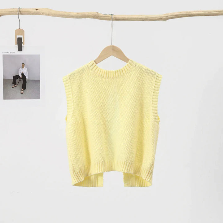 Gelbes, rückenfreies Stricktop für Damen mit Rundhalsausschnitt – Sommerbluse mit offenem Rücken