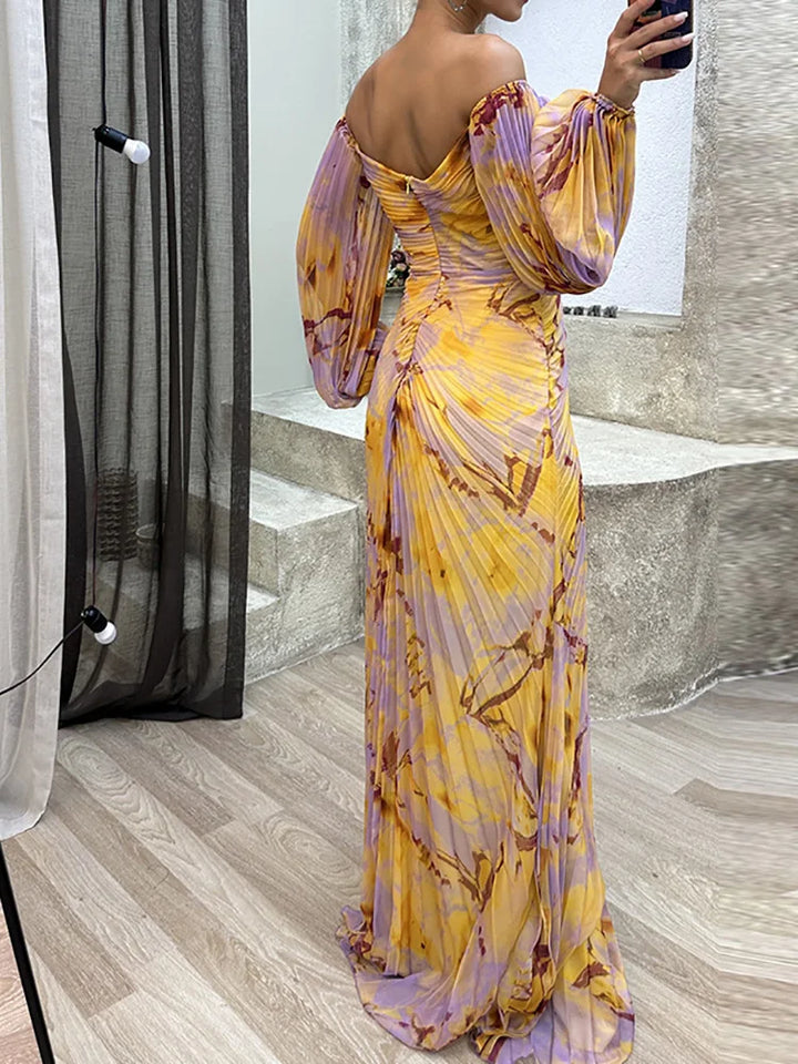Damen Schulterfreies Plissiertes Maxi Kleid