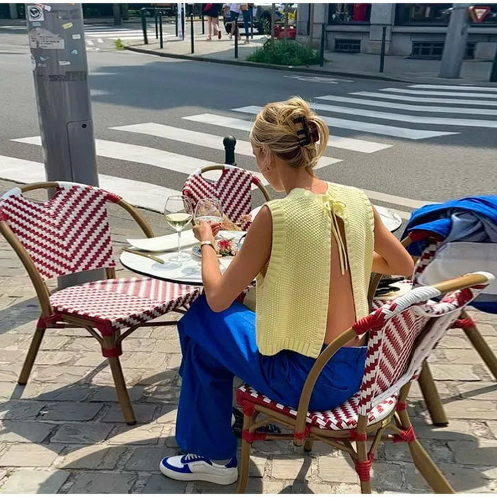 Gelbes, rückenfreies Stricktop für Damen mit Rundhalsausschnitt – Sommerbluse mit offenem Rücken