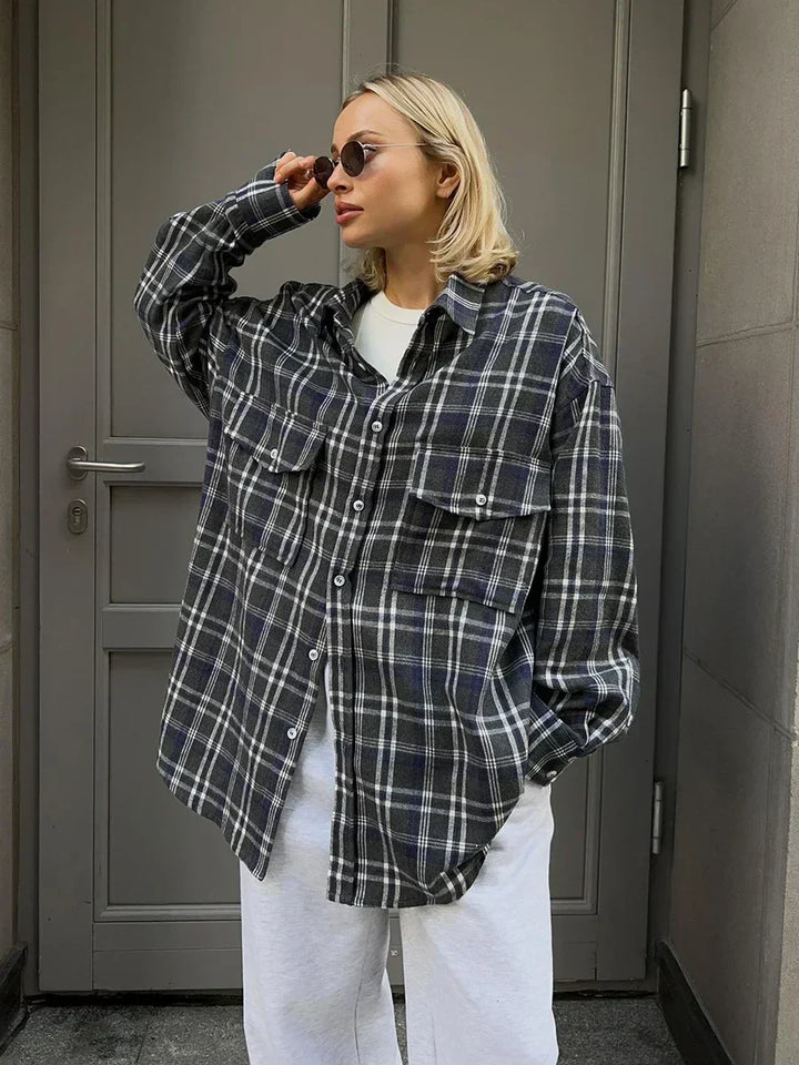 Damen Vintage Karo-Flanellshirt – Lockeres Langarm-Top