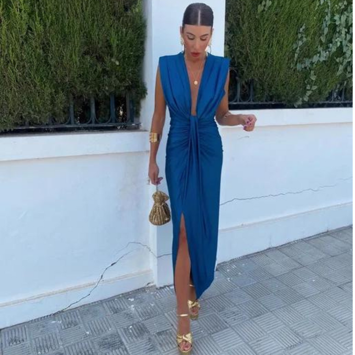 Damen Satin V Ausschnitt Ärmelloses Wickelkleid
