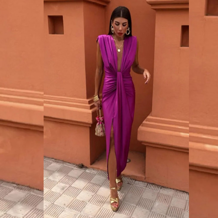 Damen Satin V Ausschnitt Ärmelloses Wickelkleid