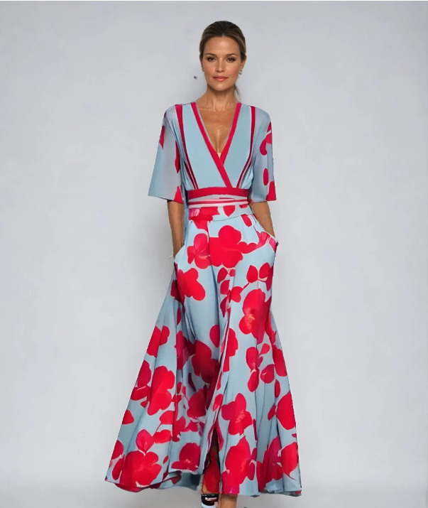 Damen Kleid Mit Blumenmuster Und V Ausschnitt