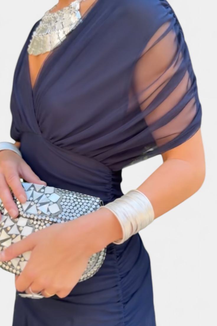 Damen Off-Shoulder Rüschen Mesh Kleid – Elegantes Figurbetontes Cocktailkleid