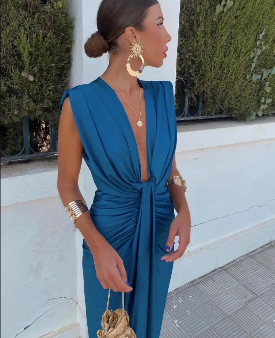 Damen Satin V Ausschnitt Ärmelloses Wickelkleid