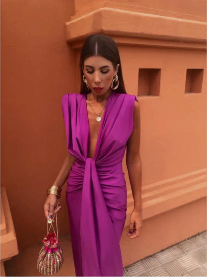 Damen Satin V Ausschnitt Ärmelloses Wickelkleid
