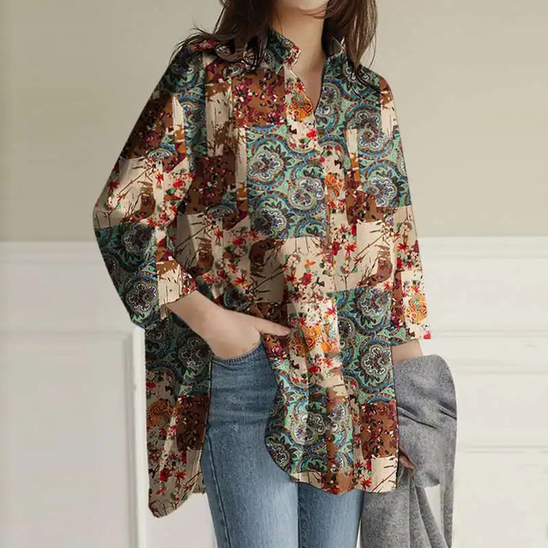 Damen Bunt Bedrucktes Hemd – Lockeres Langshirt Lässiges Top
