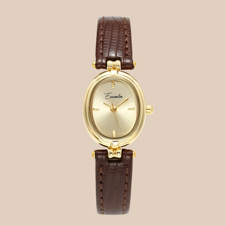 Damen Armbanduhr Mit Goldenem Zifferblatt – Lederarmband Elegant