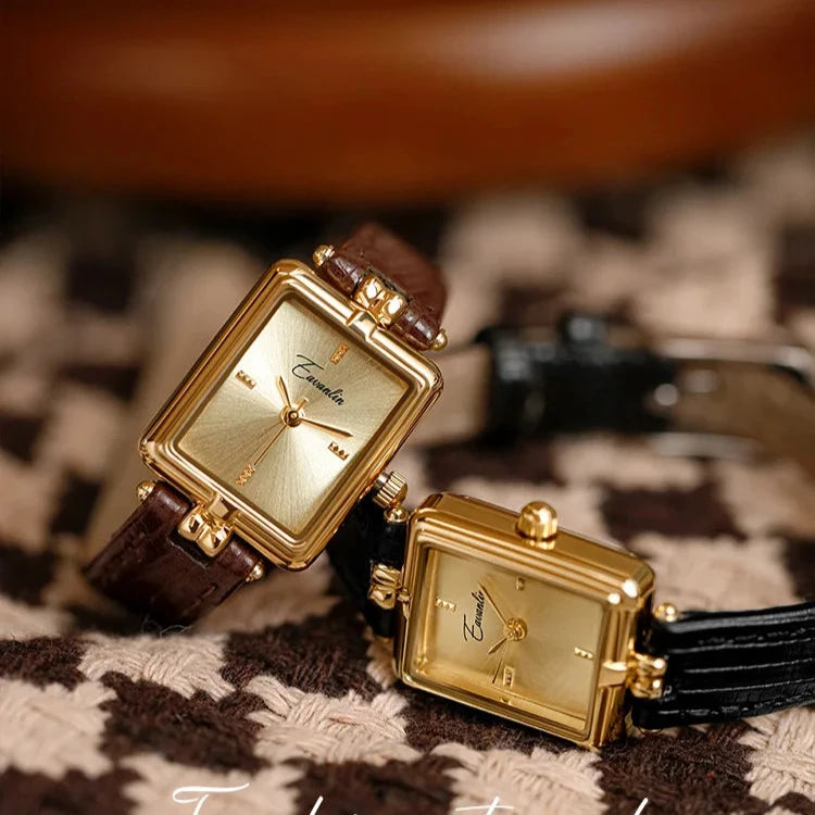 Damen Armbanduhr Mit Goldenem Zifferblatt – Lederarmband Elegant