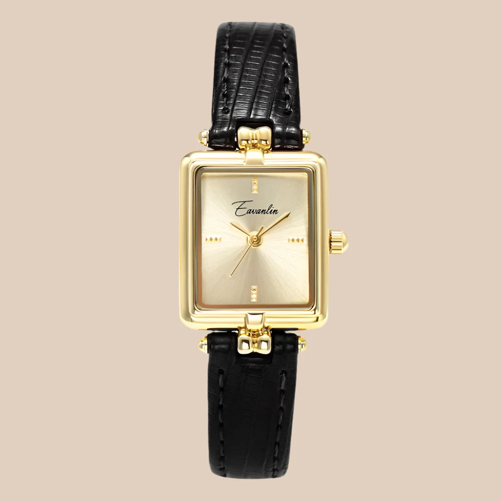 Damen Armbanduhr Mit Goldenem Zifferblatt – Lederarmband Elegant