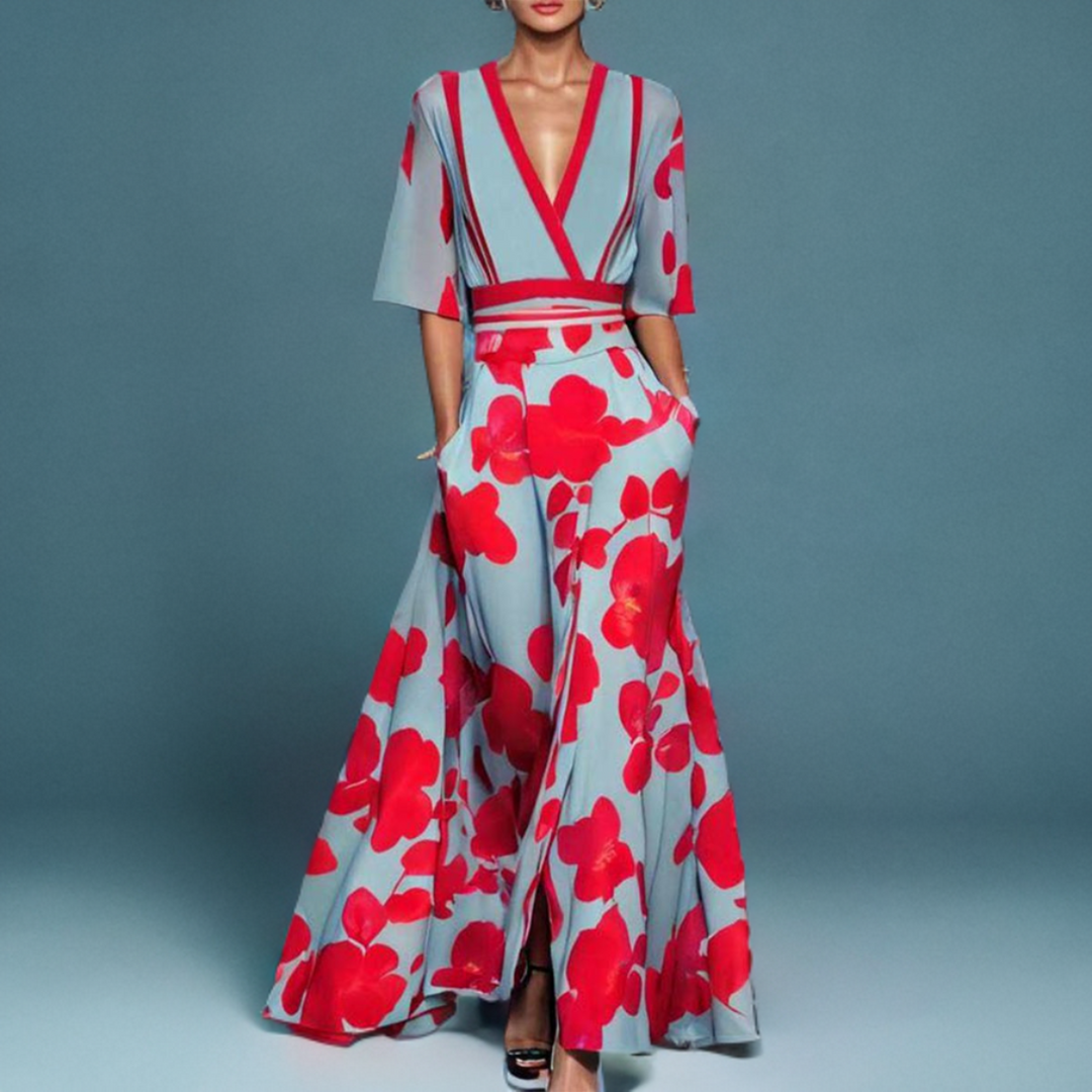 Damen Seiden V Ausschnitt Blumen Wickelkleid