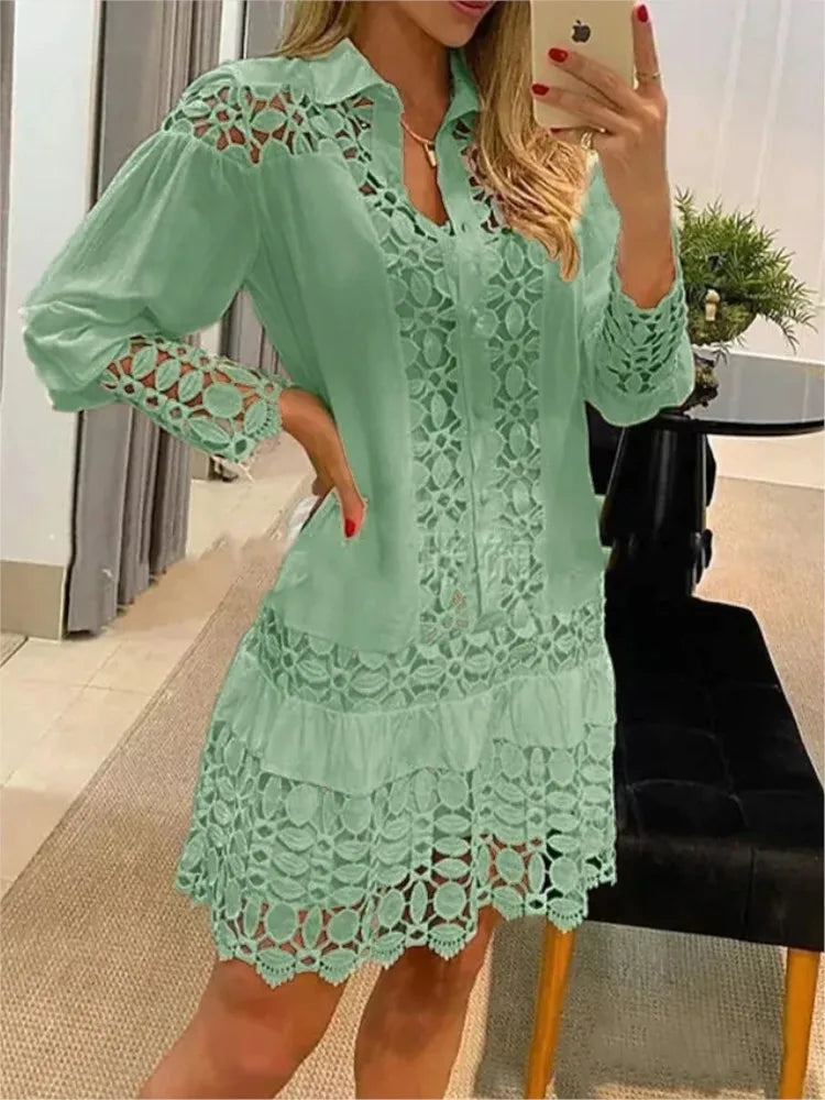 Minikleid mit Knopfleiste und langen Ärmeln für Damen – Sommeroutfit aus Spitze