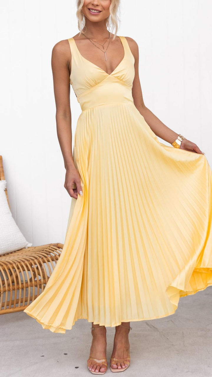 Damen V Ausschnitt Plissiertes Maxikleid