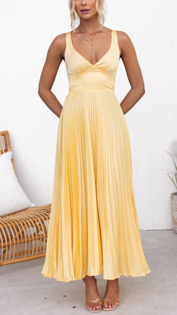 Damen V Ausschnitt Plissiertes Maxikleid