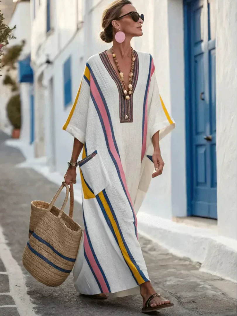 Maxikleid mit V-Ausschnitt für Damen – Halbarm, mit Tasche, lässig-eleganter Stil