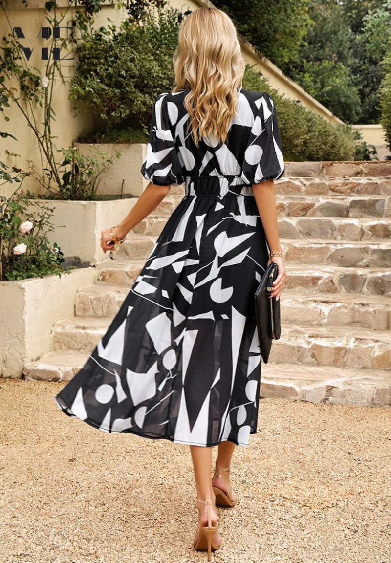 Damen Florales Midi Kleid Mit Puffärmeln – Elegantes Freizeitkleid