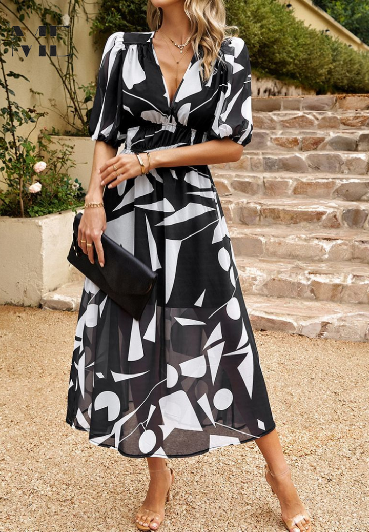 Damen Florales Midi Kleid Mit Puffärmeln – Elegantes Freizeitkleid
