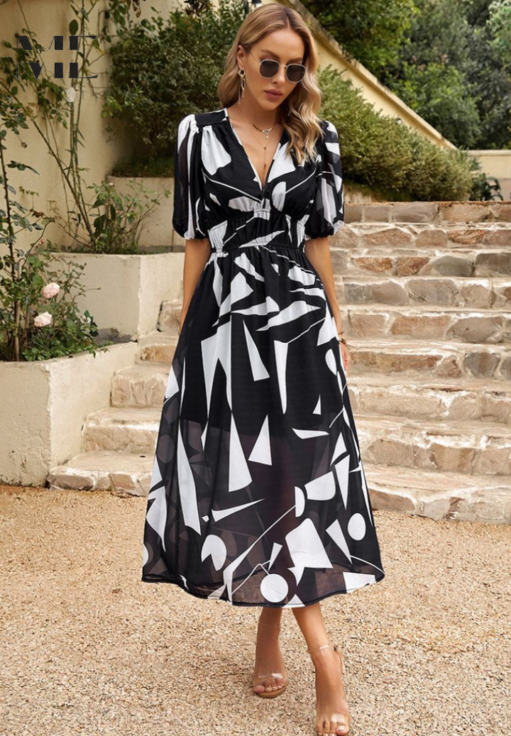 Damen Florales Midi Kleid Mit Puffärmeln – Elegantes Freizeitkleid