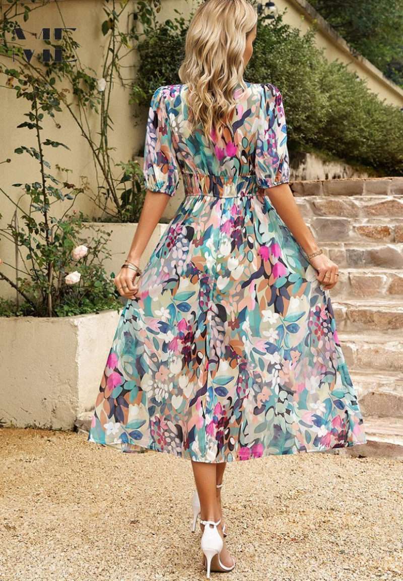 Damen Florales Midi Kleid Mit Puffärmeln – Elegantes Freizeitkleid