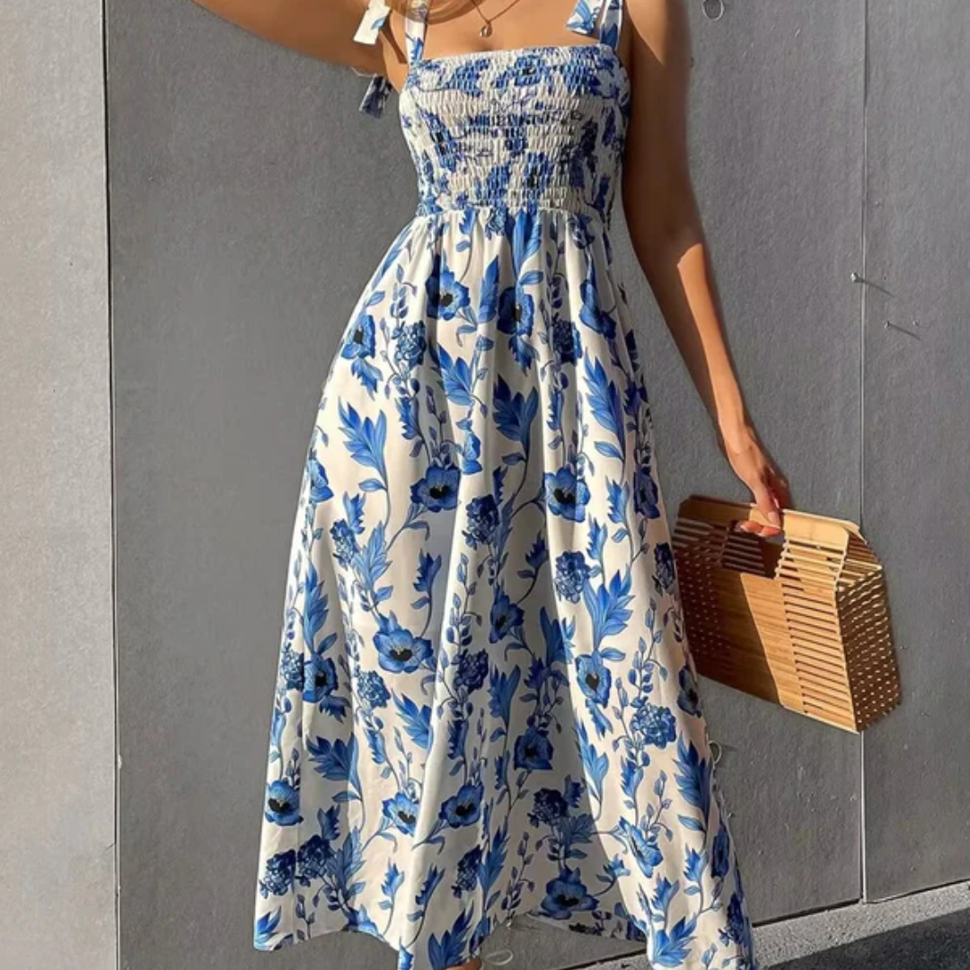 Damen Sommerkleid Mit Blauem Blumenmuster