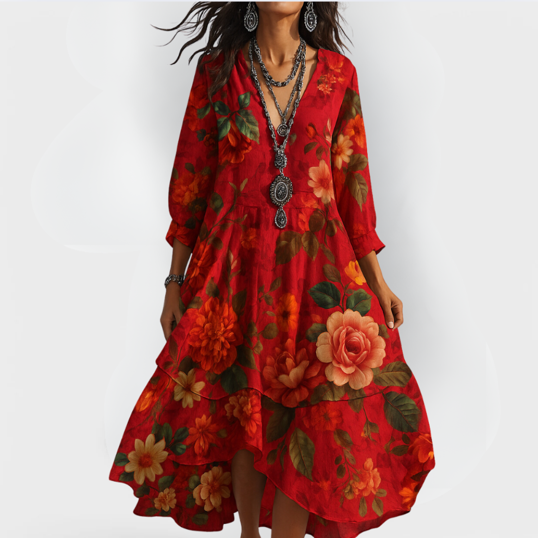 Damen Vintage Blumen Boho Kleid Mit Schwung