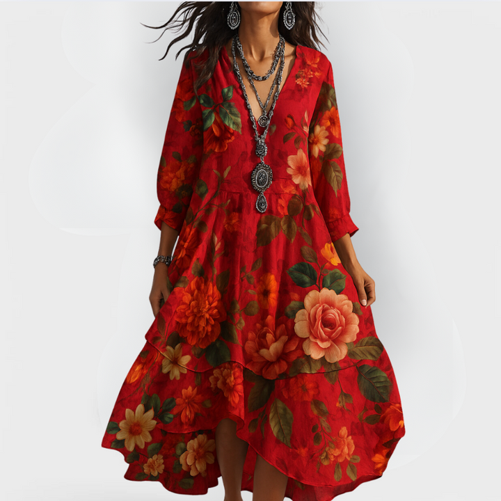 Damen Vintage Blumen Boho Kleid Mit Schwung