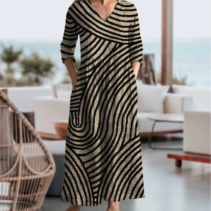 Damen Maxikleid Mit V Ausschnitt Und Streifen
