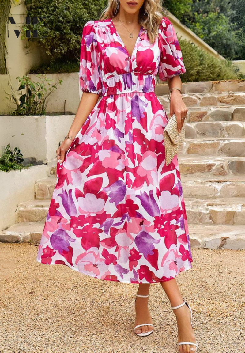 Damen Florales Midi Kleid Mit Puffärmeln – Elegantes Freizeitkleid