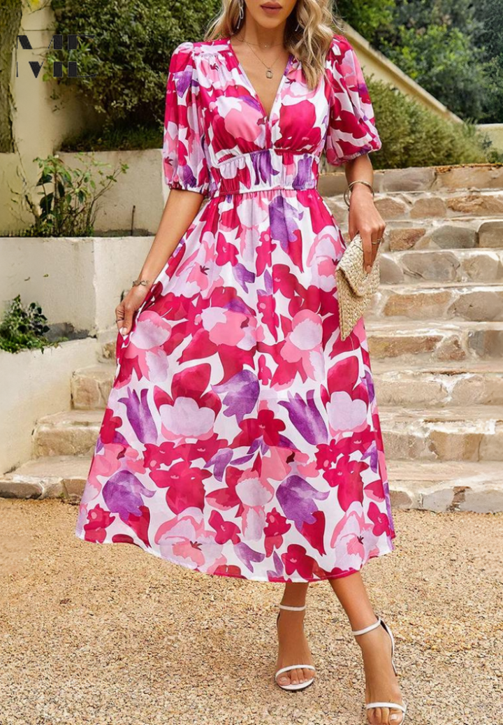 Damen Florales Midi Kleid Mit Puffärmeln – Elegantes Freizeitkleid