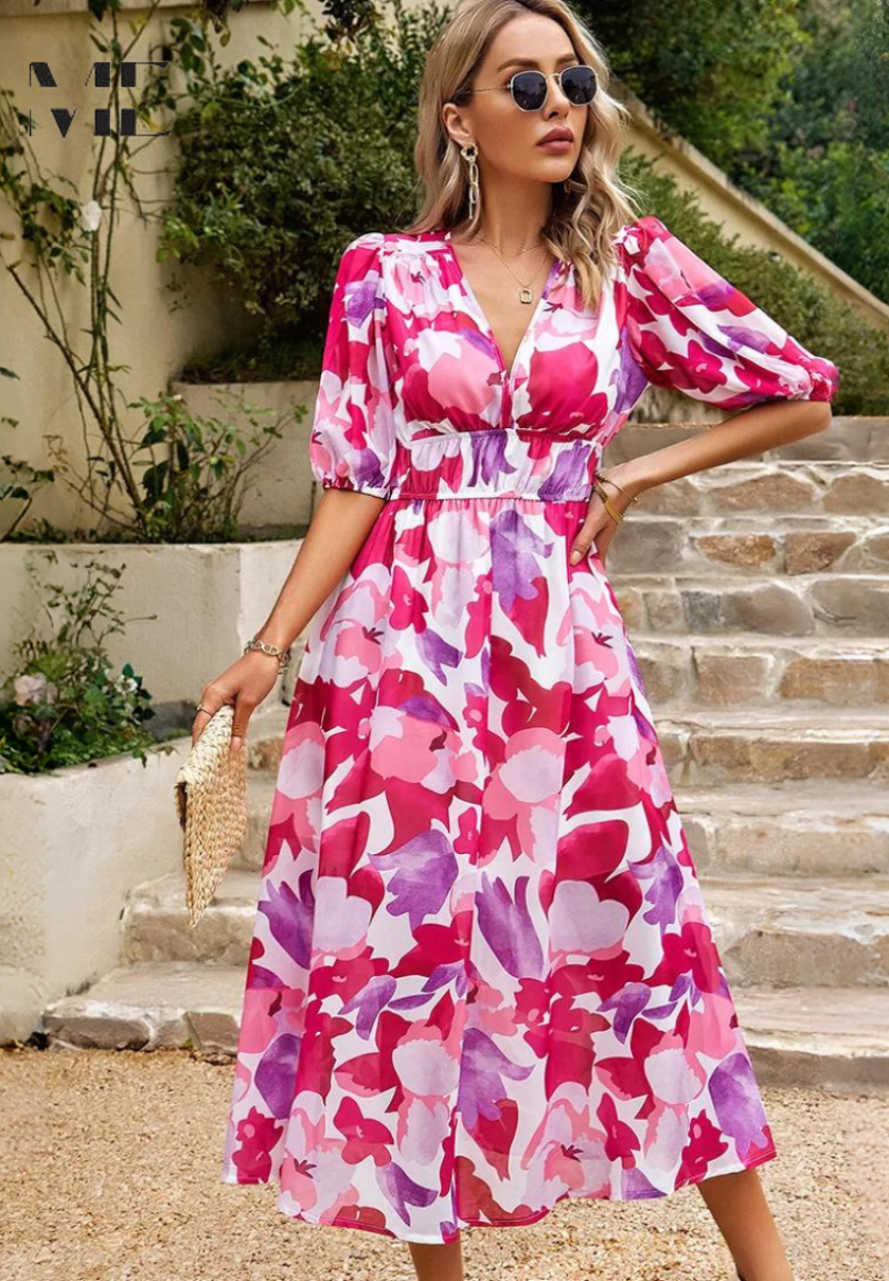 Damen Florales Midi Kleid Mit Puffärmeln – Elegantes Freizeitkleid