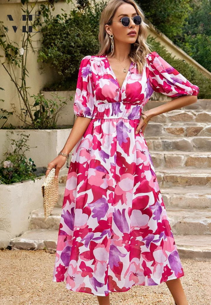 Damen Florales Midi Kleid Mit Puffärmeln – Elegantes Freizeitkleid