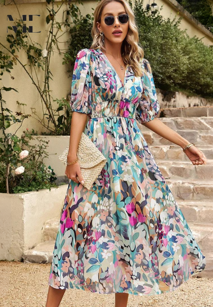 Damen Florales Midi Kleid Mit Puffärmeln – Elegantes Freizeitkleid