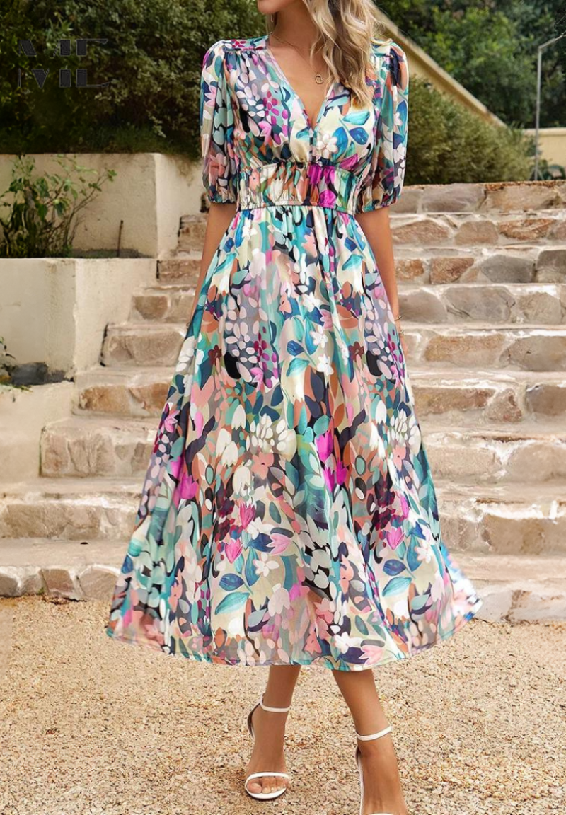 Damen Florales Midi Kleid Mit Puffärmeln – Elegantes Freizeitkleid