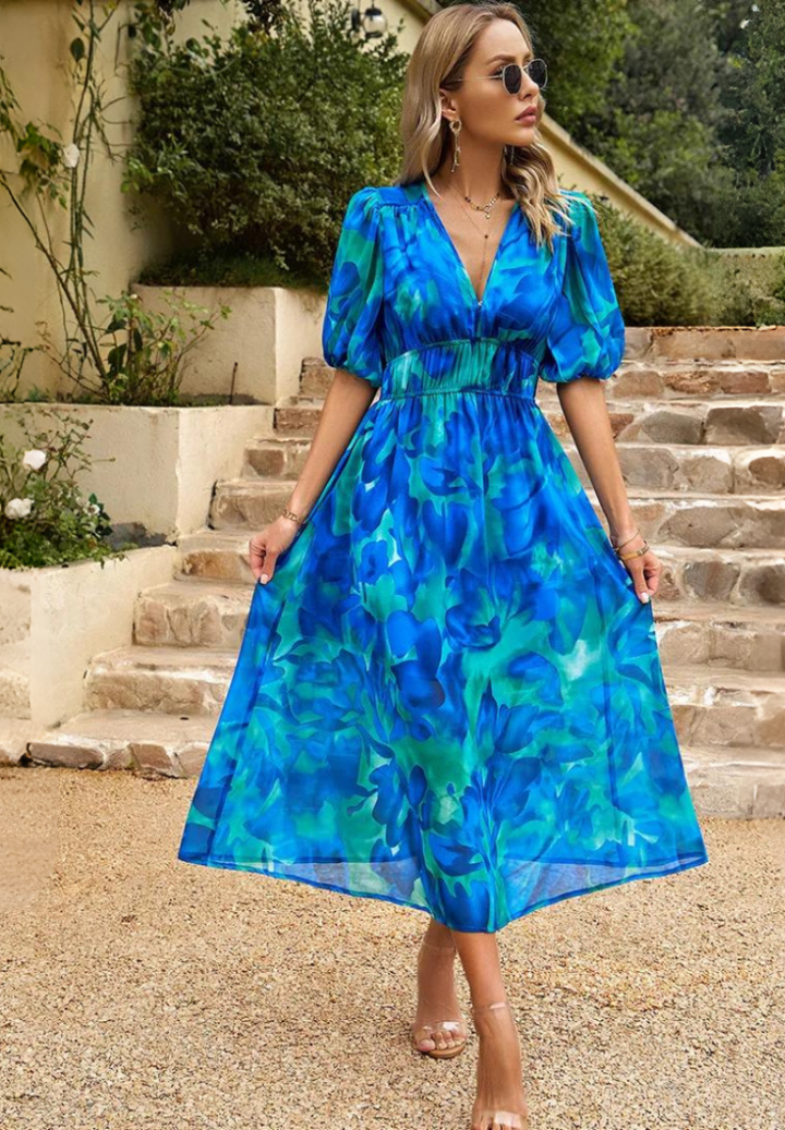 Damen V Ausschnitt Blumenkleid mit Puffärmel