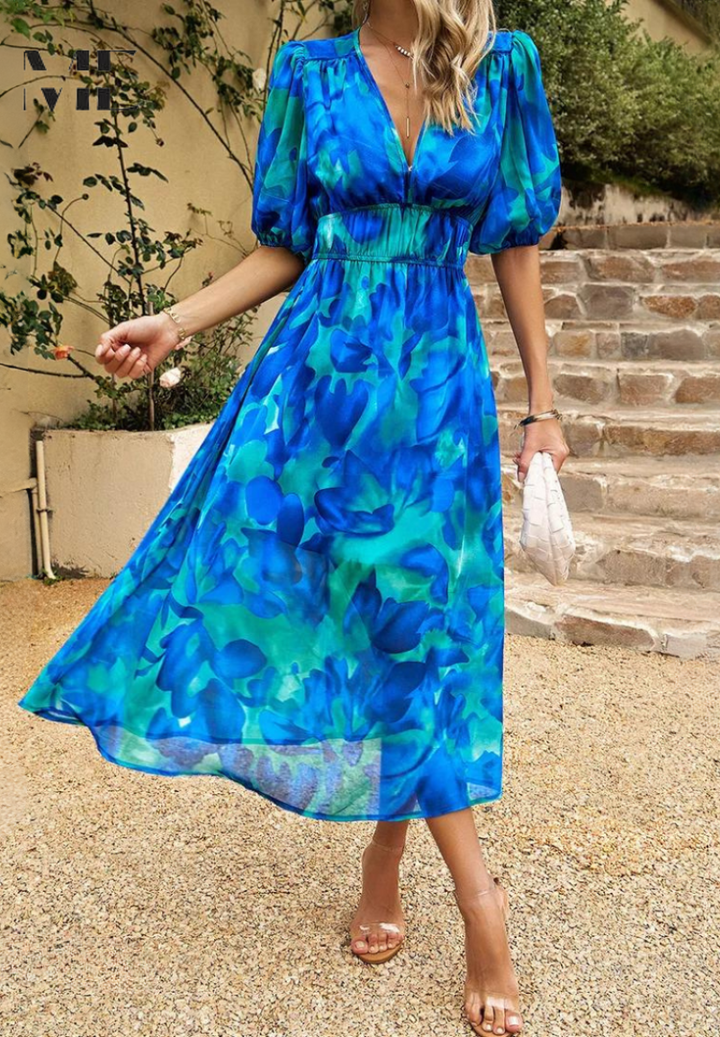 Damen Florales Midi Kleid Mit Puffärmeln – Elegantes Freizeitkleid
