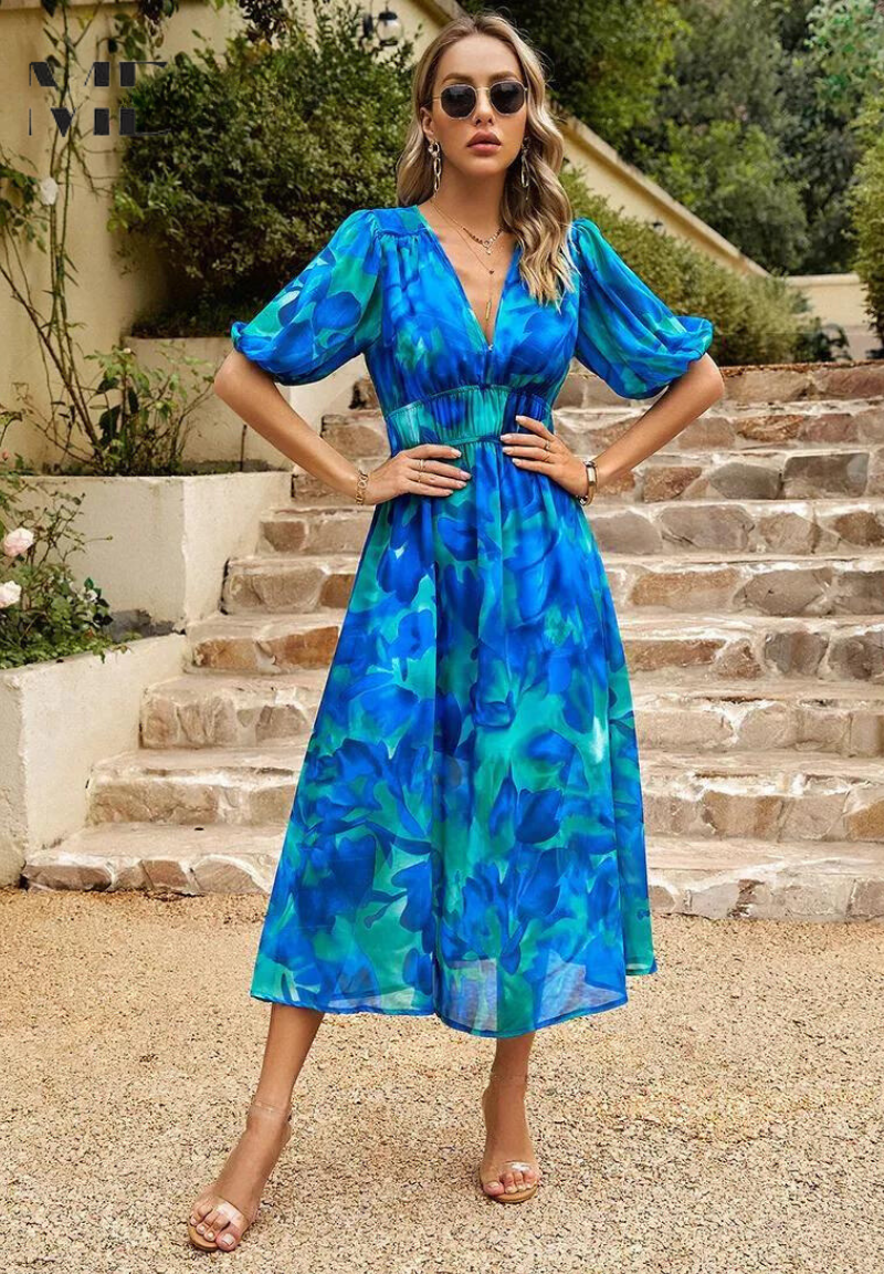 Damen Florales Midi Kleid Mit Puffärmeln – Elegantes Freizeitkleid