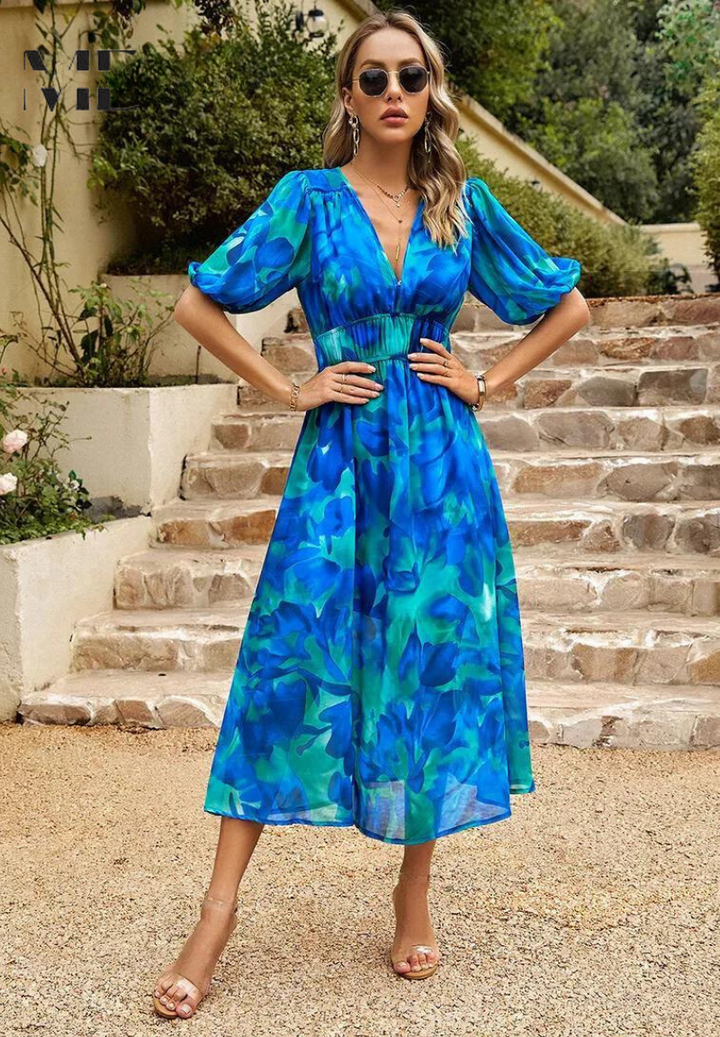 Damen Florales Midi Kleid Mit Puffärmeln – Elegantes Freizeitkleid
