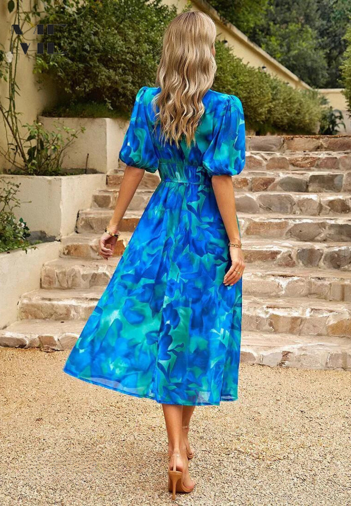 Damen V Ausschnitt Blumenkleid mit Puffärmel