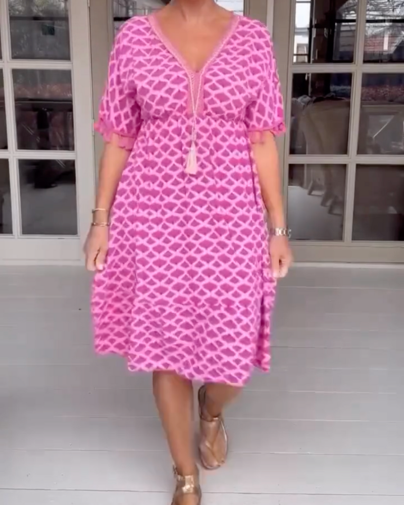 Damen Blaues Geblümtes Weit Schwingendes Kleid