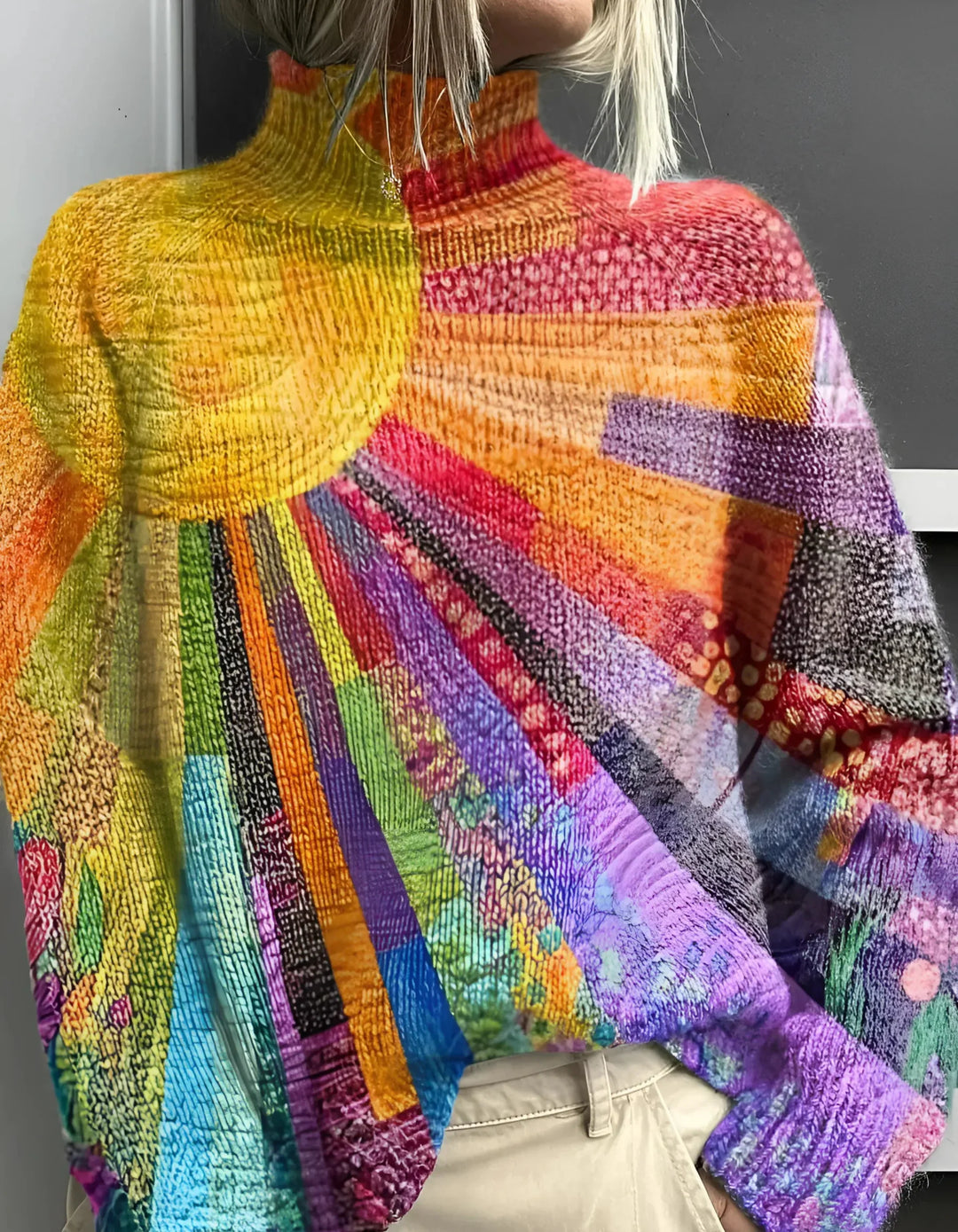 Damen Stilvoll Gemütlich Mehrfarbig Rollkragen Gestrickter Pullover