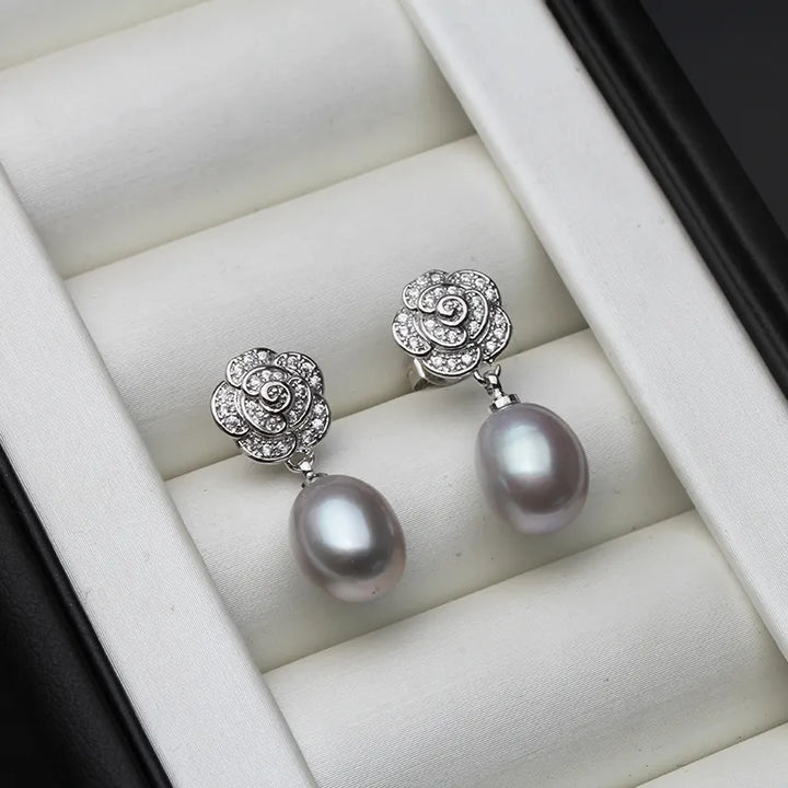 Vintage-Ohrringe mit silberner Blume und Perlen für Damen – Romantischer, eleganter Schmuck