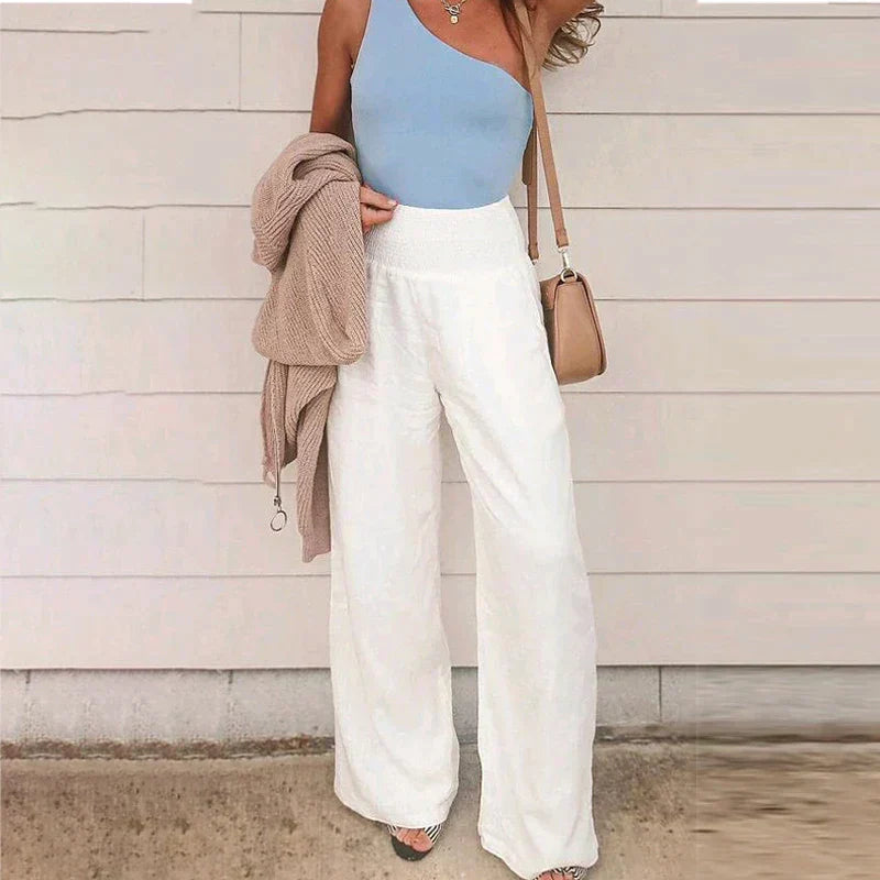 Damen High-Waist Leinen Weite Hose – Luftige Sommer Freizeit Hose